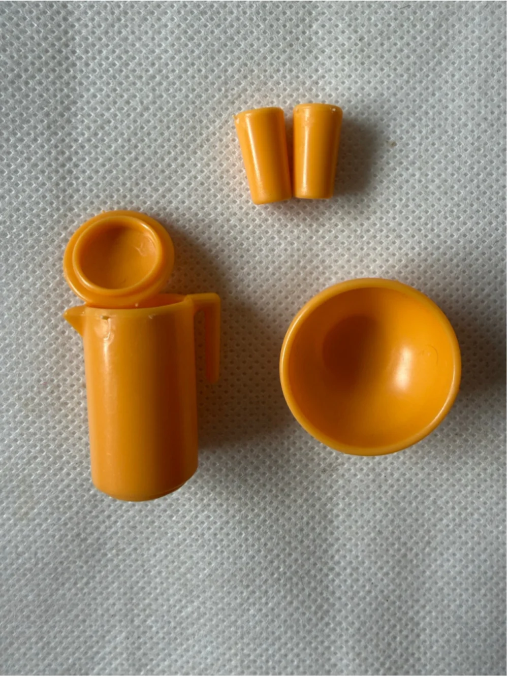 Vintage Barbie Pitcher, Cup and Bowl set orange yellow retro doll accessories
